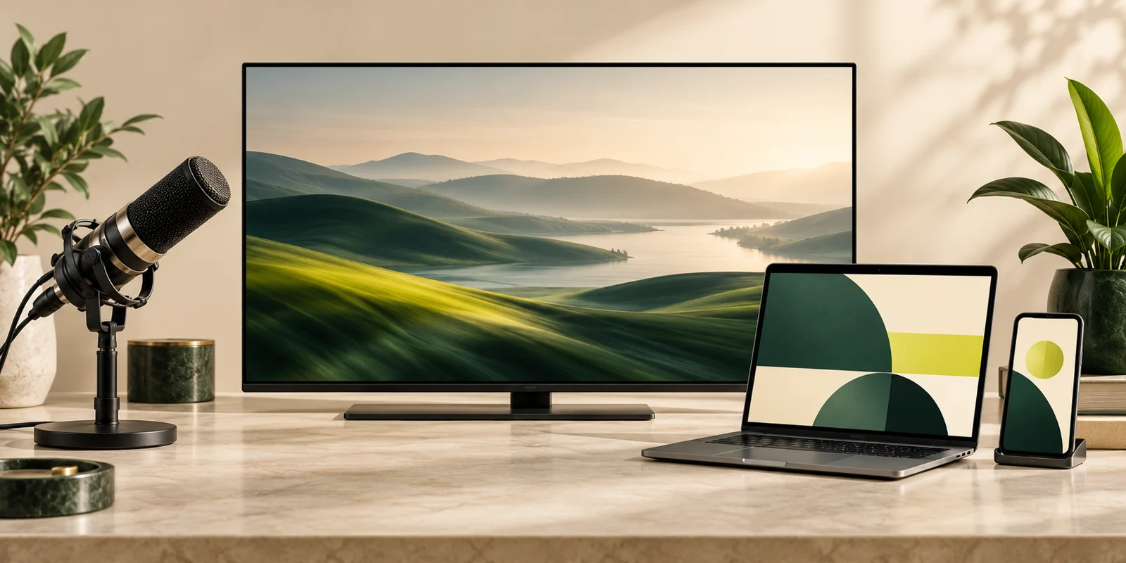 Illustrative broadcast microphone, television, laptop and smartphone representing media channels.