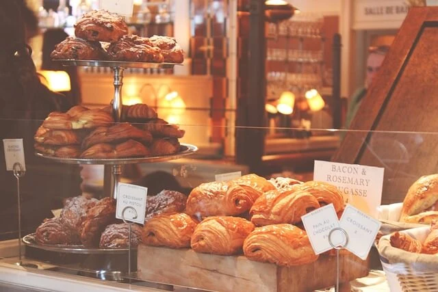 Bakery-sweet breads on three-tiered display