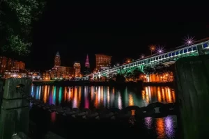 Cleveland Ohio - city at night with colored lights