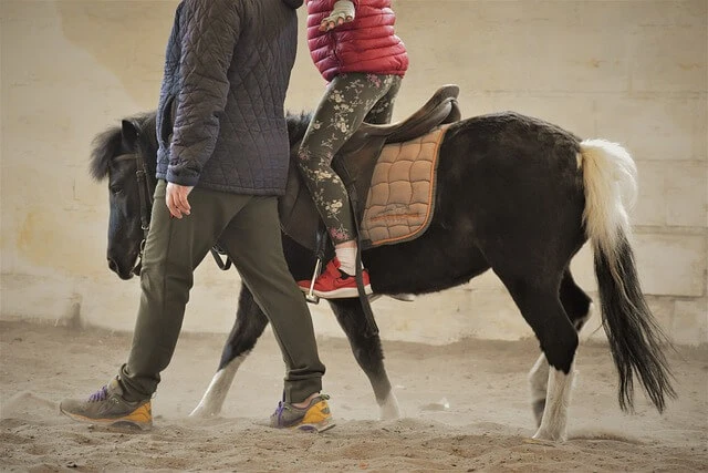 Equine Therapy-man walking in arena with child on Shetland pony
