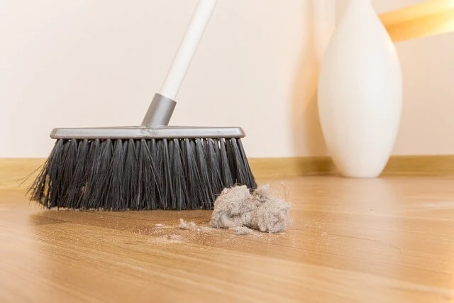 House Cleaning-closeup of push broom sweeping dust on floor