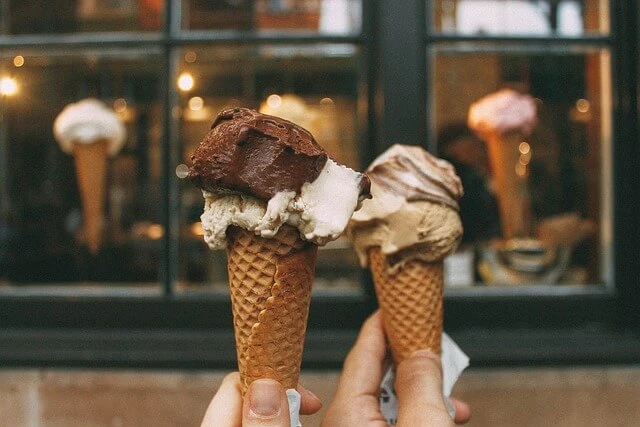 Ice Cream Shop-closeup of two ice cream cones and ice cream
