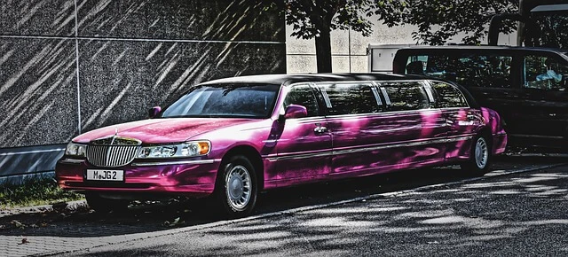 Limousine Service-Pink stretch limo parked on street