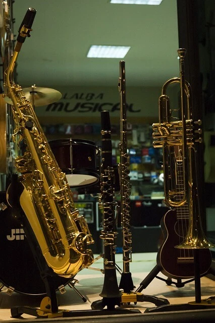 Music Store-closeup of saxophone, clarinets and trumpet