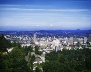 Portland Oregon - view of city with Mt. Hood in the background