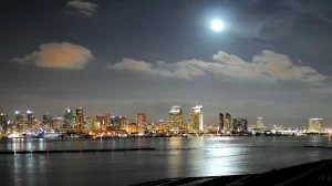San Diego - view of city at night across the ocean