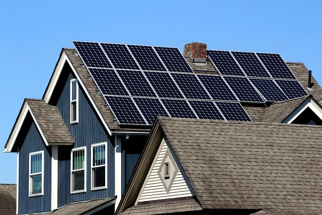 Solar Business-house with roof covered with solar panels