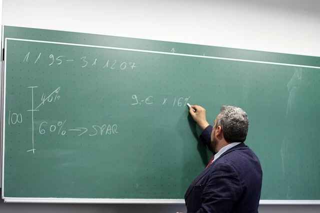 Tutoring Business-teacher writing math equation on blackboard